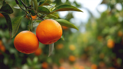 Two ripe oranges hanging on tree branch with blurred orchard backdrop, macro close-up in natural light highlighting vibrant colors and fresh details via shallow-depth professional photography.