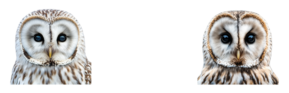 Owl portrait, nocturnal bird isolated close up, cut out transparent