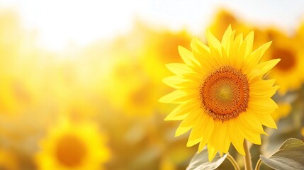 Obraz premium Sunflower field under bright blue sky with sun rays. Summer harvest and agriculture concept. Image for poster, banner, greeting card and social media post with copy space.