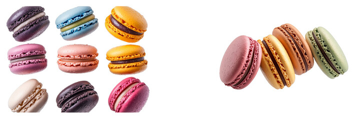 Colorful assortment of macarons on dark background, cut out transparent