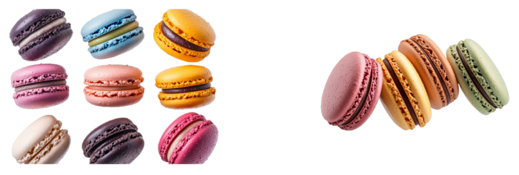 Colorful assortment of macarons on dark background, cut out transparent