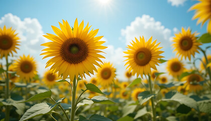 Obraz premium Sunflower Field Under Blue Sky with Clouds and Sun