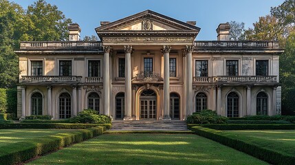 Elegant symmetrical neoclassical mansion in peaceful setting high resolution images