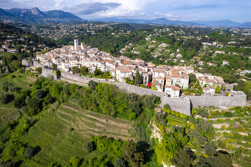 Aerial view of the fortified French village of Saint Paul de Vence in the French Riviera
