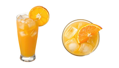 Two glasses of orange  juice with orange slices and ice cubes on a transparent background png drinks design top view, side view