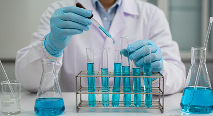 Fototapeta premium Scientist Drops Blue Liquid in Test Tube in Laboratory White Background