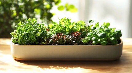 Vibrant microgreens flourish in a rectangular planter under the soft glow of natural light.