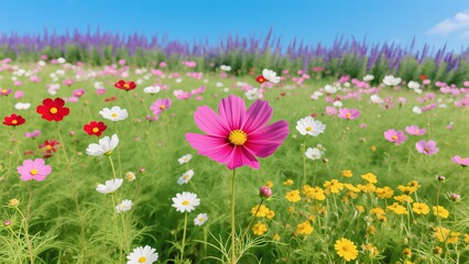Obraz premium Vibrant Cosmos Flower Field Under a Sunny Sky A Stunning Floral Landscape