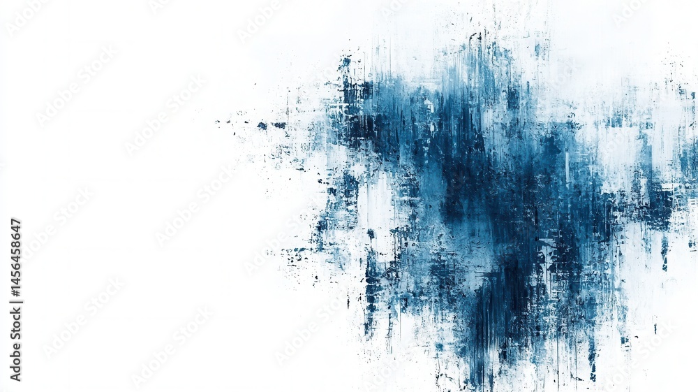 Poster background, brushstrokes create blue dynamic abstract painting on a white a adding depth and texture