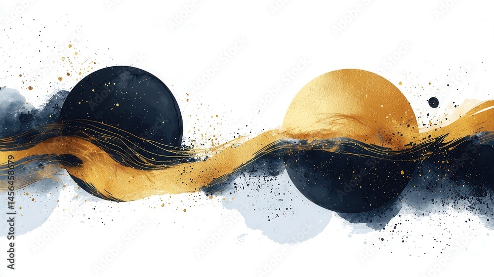 Aufkleber gold circles and black brushstrokes creating white a and elegant abstract composition on textured dy