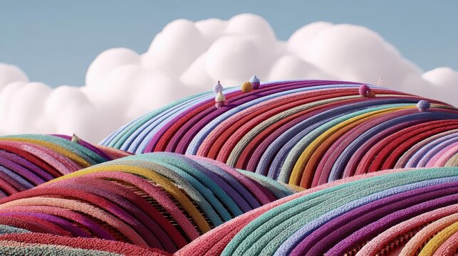 Colorful rolling hills made of vibrant candy-like textures under a blue sky with fluffy clouds