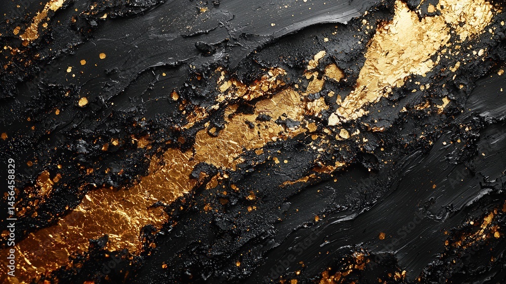 Poster golden paint abstract over splattering black surface, forming dynamic textured pattern with metallic