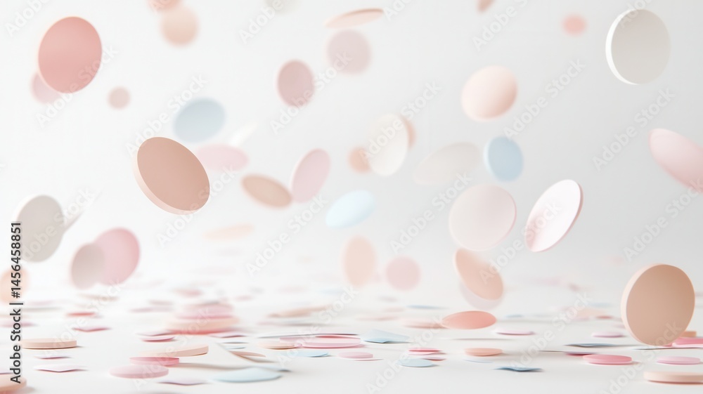 Poster round and square confetti in pastel colors falling and creating a background atmosphere on a clean w