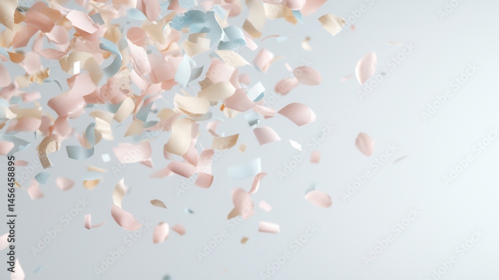 Poster round and square confetti in pastel colors falling clean and a festive atmosphere on a creating whit