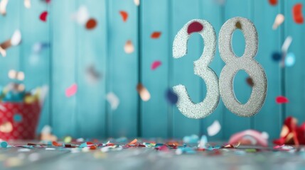 Colorful confetti surrounds the shimmering number 38, creating a joyful vibe at a vibrant celebration. Bright backdrop enhances the festive feel