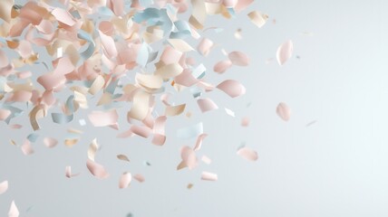 Round and square confetti in pastel colors falling clean and a festive atmosphere on a creating white background