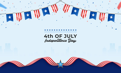 Obraz premium 4th of July background with patriotic banners, confetti, and waving stripes. Ideal for USA Independence Day celebration cards, posters, flyers, and invitations.