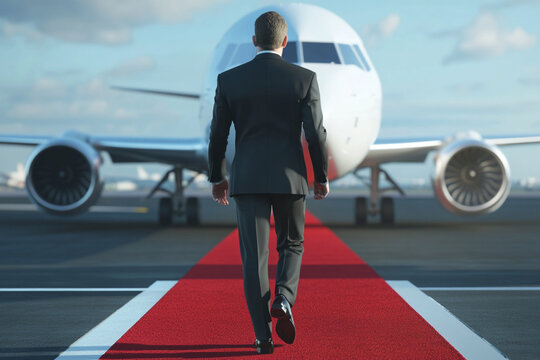 Man in suit walking on red carpet toward airplane on runway - Powered by Adobe
