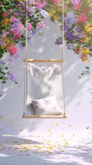 A serene swing adorned with flowers, gently swaying in a sunlit garden, inviting relaxation
