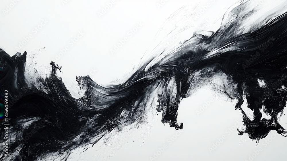 Poster abstract black white and design with ink flowing and mixing with white paint, creating a dynamic and