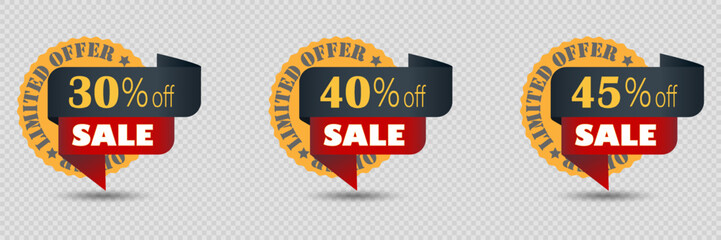 Collection of label designs for sales and discounts. On a transparent background.