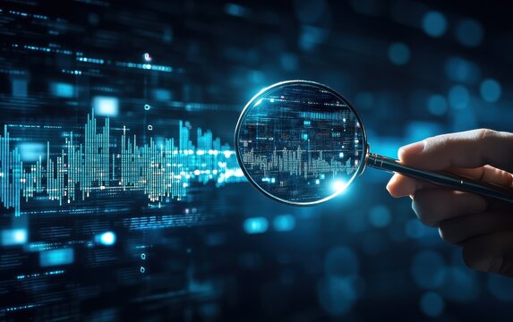 Analyzing data trends with a magnifying glass.  Detailed data visualization, digital display