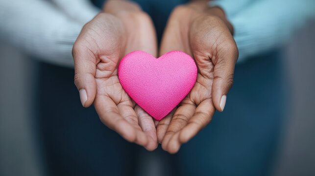 Hands holding pink heart: breast cancer awareness and support
