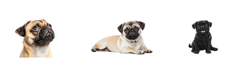 Variety of pug illustrations in different colors, cut out transparent