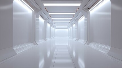Futuristic white corridor with bright lighting and smooth reflective surfaces.