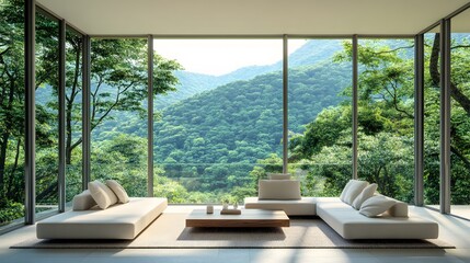 Fototapeta premium Modern home interior with panoramic mountain views.
