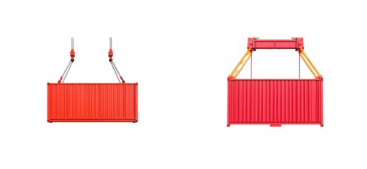 Two red shipping containers suspended by cranes, cut out transparent