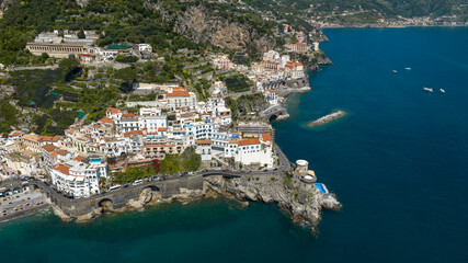 Panorama of the Amalfi Coast near Amalfi, in the Campania region, Italy. It is one of the most beautiful and touristic places on the Italian peninsula.