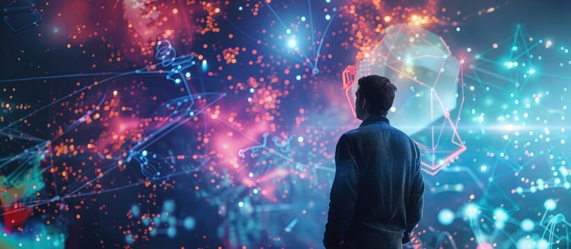 A marketer brainstorms campaign ideas with an AI muse projecting customer insights and trends on a wall. The dynamic and modern workspace is designed for creativity and innovation, highlighting the