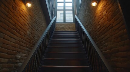 Fototapeta premium The upward view of a brick-walled staircase with warm lighting and a window at the top.