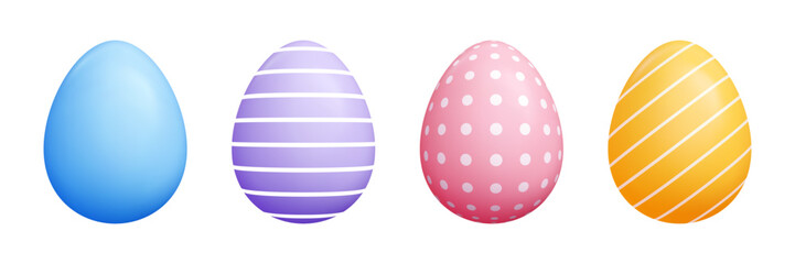 Vector 3d Easter egg set - pastel color oval shapes, cartoon polka dots, striped diagonal lines, decorative drawing, cute geometric patterns for seasonal spring holidays illustration.