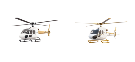 Two helicopters, white and gold colors, modern aviation vehicle, cut out transparent