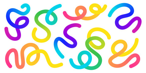 Gradient colorful curvy snake like shapes - twisted lines, loops, swirls form abstract pattern. Flowing wavy liquid organic backdrop illustration decorative texture. Rainbow vivid color palette bg.