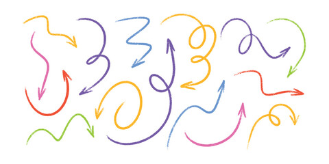 Obraz premium Pastel crayon arrows pack - hand sketched curved lines, round swirls, pointers. Colorful artistic doodles, pencil chaotic scribbles design elements. Chalk marker stroke drawings vector set.