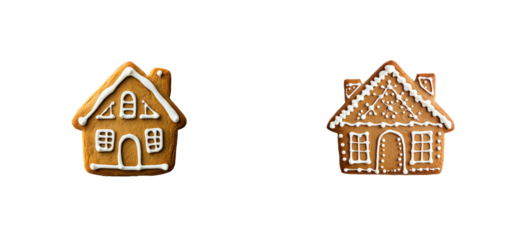 Festive gingerbread house cookies with white icing, cut out transparent