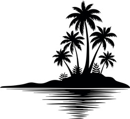 Tropical Escape – Silhouetted Palm Trees on Remote Island at Sunset