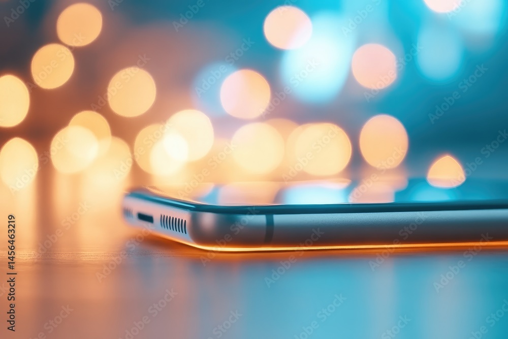 Poster mobile device on reflective surface with bokeh lights technology concept