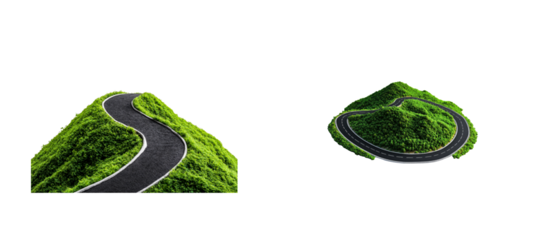 Green hill island with curved roadway, isolated, cut out transparent