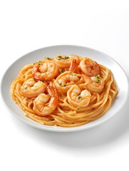 Delicious Shrimp Pasta Dish: Fresh Italian Seafood Cuisine with Garlic & Herbs on a White Background