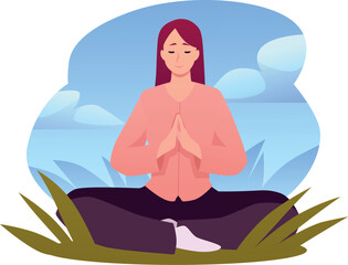 Obraz premium Woman in lotus posture on lawn makes breathing exercise and meditation on nature landscape vector flat illustration