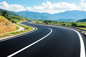 A modern asphalt road in Spain with a beautiful natural landscape, a sunny day, clouds, and mountains in the background, a winding highway with white lines. generative ai