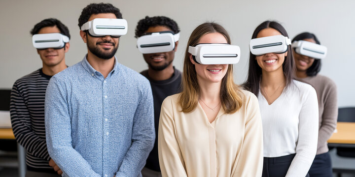 Group of diverse young professionals wearing virtual reality headsets during immersive team training session - Powered by Adobe