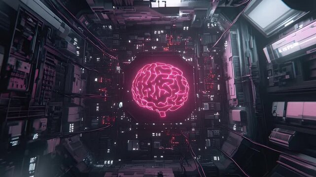 Abstract Pink Brain in Cyber Space Tunnel with Intricate Metallic Details Electronic Wires and Geometric Pattern in a Futuristic Render Optimized for Adobe Stock