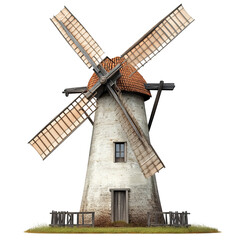A traditional windmill with red roof and blades standing proudly against the sky