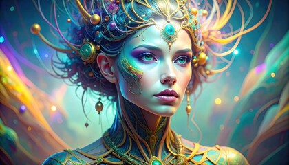 Naklejka premium Close-up of a regal fantasy woman adorned with elaborate glowing jewelry, colorful neon accents, and futuristic details in a magical setting.