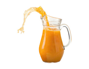 A glass pitcher spilling and splashing orange juice on a transparent background png drinks design